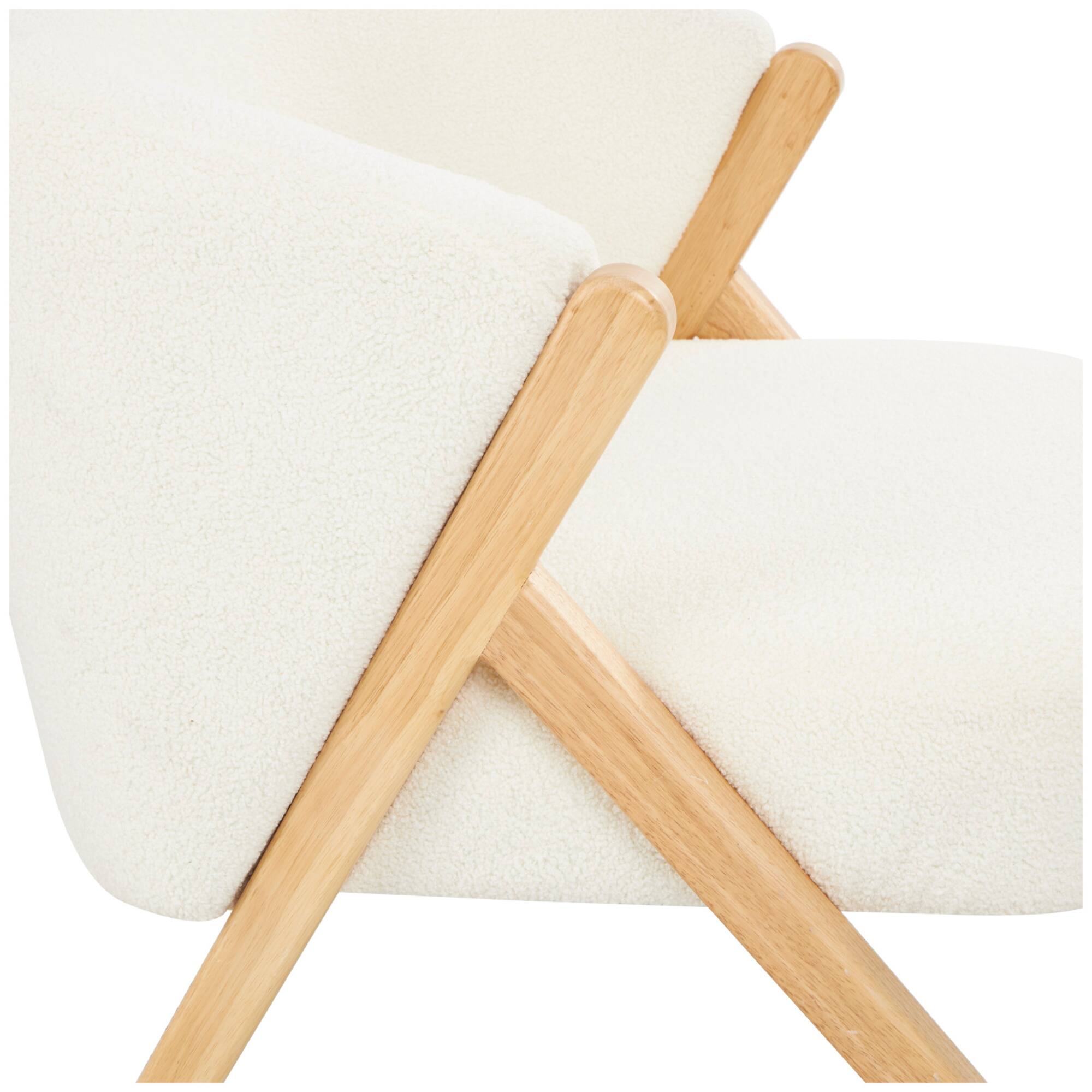White Polyester Rounded Boucle Accent Chair with Angled Wooden Legs